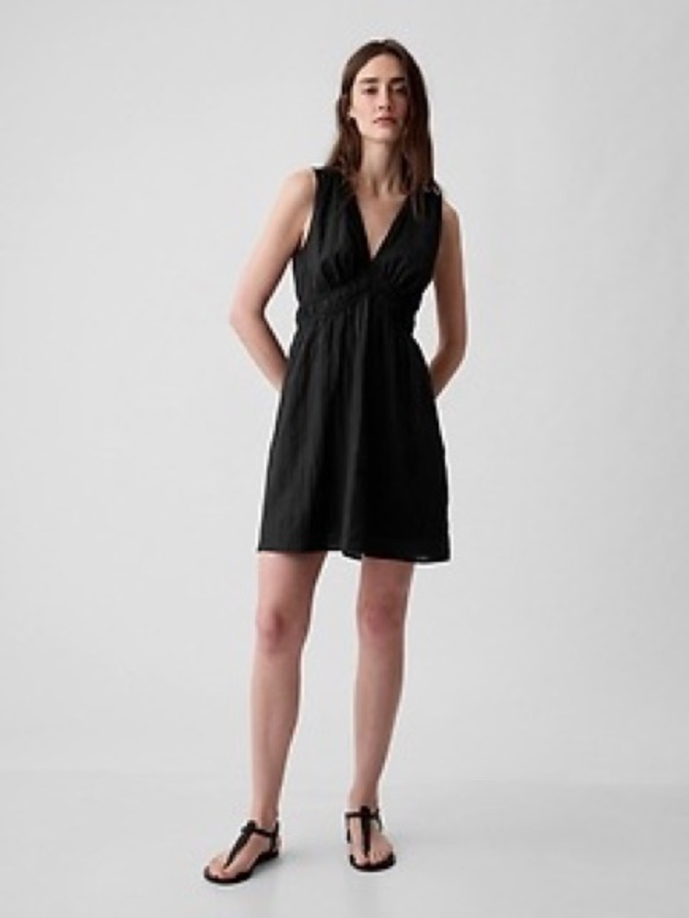 ☀️GAP Textured Crinkle Mini Dress Black Empire Waist Sleeveless NWT Size L